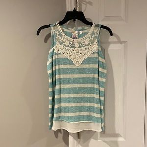 Girls Striped & Lace Cold Shoulder Top